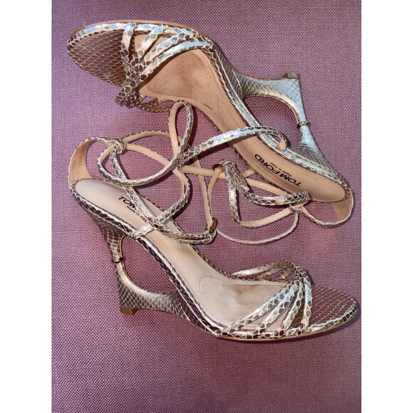 TOM FORD Paradis Stamped Python Strappy Sandals in Champagne 40 with Box Heels - Picture 8 of 11
